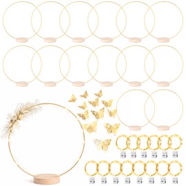 14 Pack Floral Hoop with Stand and LED Fairy Lights 8 Inch Metal Rings for DIY Centerpiece Table Decorations Crafts Macrame Rings Hoop Wreath Dream Catcher Rings Wedding Christmas Wreaths, Gold