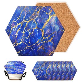 6 Piezas Portavasos para Mesa, Posavasos de Cerámica, Posavasos para Bebidas, Posavasos Absorbentes y Antideslizante, con Soporte, para Oficina, Casa, Restaurante, Bar, Cafetería (Azul)