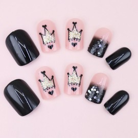Flower Press on Nail Short 24pcs Spring Summer Flower Fake Nail Sqaure Floral Full Clover False Nail for Women Girls (05-black crown)