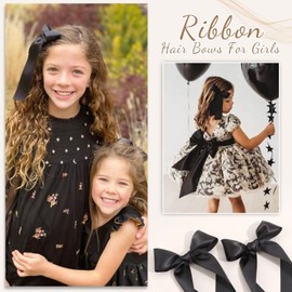 2Pcs Long Ribbon Hair Bows for Girls Hair Clip Silk Hair Bow Ribbon Hair Accessories for Baby Toddlers Infant Teens Kids (Black)