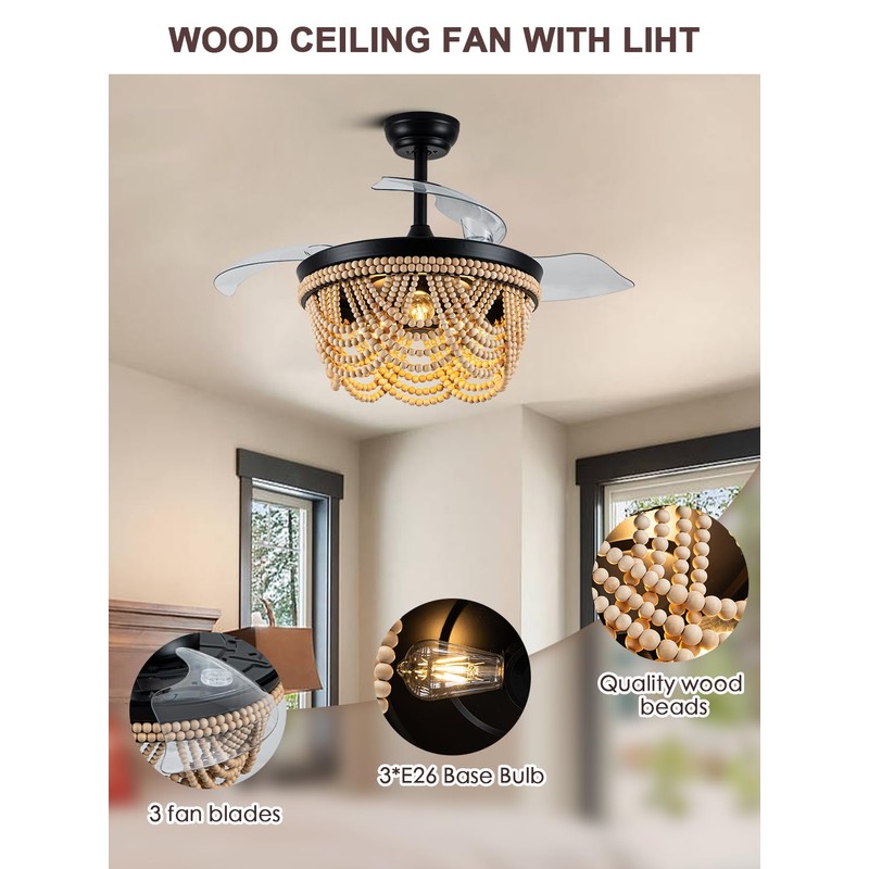Boho Ceiling Fan with Light, Modern Ceiling Fan with 6