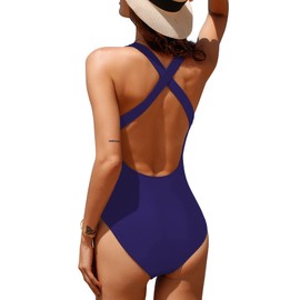 Upopby Traje de baño atlético de una pieza para mujer con espalda cruzada, traje de baño para entrenamiento deportivo y espalda cruzada, talla grande, Azul marino 1 , 10