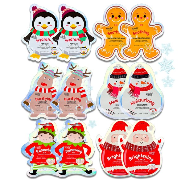 Epielle Christmas Holiday Character Sheet Mask Assortments,- Santa, Reindeer, Snowman, Elf, Gingerbread, Penguin (12pack) | Holiday Gifts, Christmas Gift Ideas and Stocking Stuffers | Birthday Party Gift for her kids, Spa Day Party, Girls Night, Spa Night