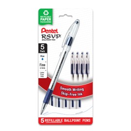 Pentel Pentel RSVP Ballpoint Pen, Fine Line, (0.7mm), Blue Ink (BK90BP5C) (Pack of 1, 5 Count Total)