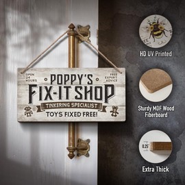 YZEXEZY Poppy Gifts,Poppy's Fix-It Shop Toys Fixed Free Hanging Wood Sign 6"x12" Father’s Day Gift for Poppy Grandpa Vintage Garage Workshop Decor Sign