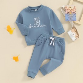 Kavousa Sibling Matching Outfits Newborn Toddler Baby Long Sleeve Crewneck Sweatshirt with Pants Cute Fall Winter Clothes (Blue Big Brother, 12-18 Months)