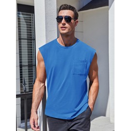 ZIWOCH Mens Sleeveless Tank Tops Workout Cut Off Shirts Muscle Gym T Shirts with Pocket Blue