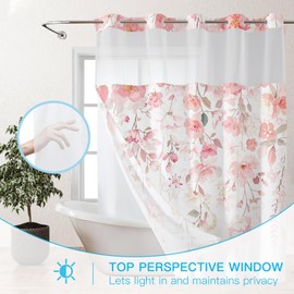 Pink Floral Hookless Shower Curtain with Snap in Liner Watercolor Flower Cherry Blossom Shower Curtain No Hooks for Bathroom, Modern Hotel See Through Bathroom Decor 71W x 74L Inch