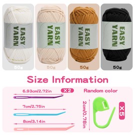 Beginners Crochet Yarn, 4 * 50g No Split Yarn, Chunky Cotton Yarn, Easy Knitting Yarn for Crocheting Knitting, Thick Bulky Cotton Yarn for Beginners(Beige + Brown + White + Black)