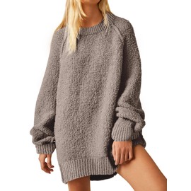 UNCLECAT Women's Oversized Sweaters Trendy Fuzzy Knit Sweater Tops Long Sleeve Crewneck Casual Pullover Brown
