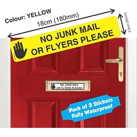 Stop Junk Mail - No Leaflets or Junk Mail Please - Door Letter Box Sticker for Door Sign Post Postbox Office or Home (Yellow)