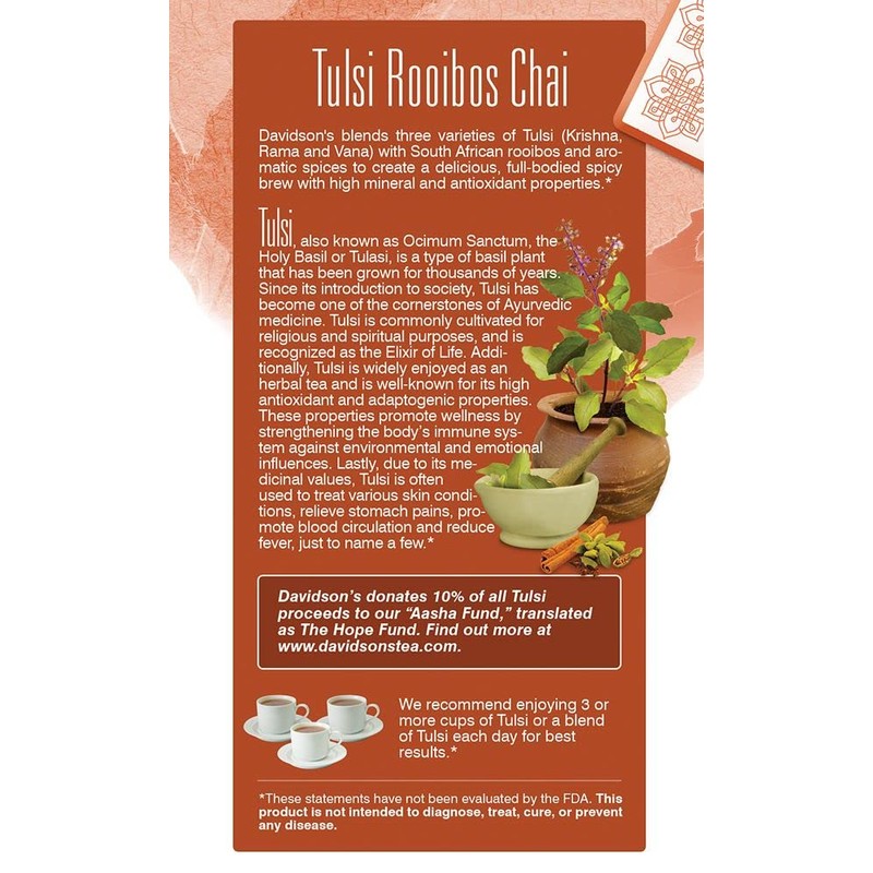 Davidson's Organics, Tulsi Rooibos Chai, 25-count Tea Bags, Pack of