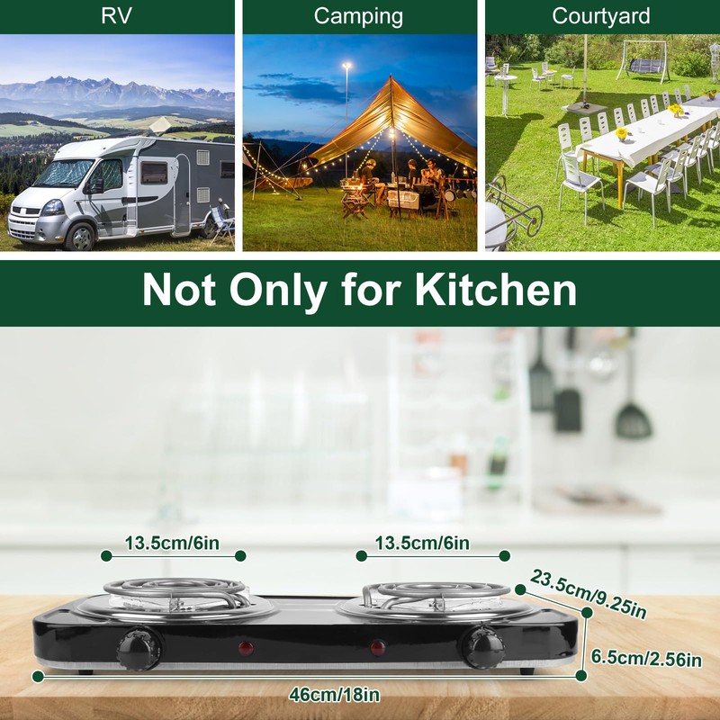 Double Burner Cooktop, 2000W Portable Electric Stove, 5 Level Temperature