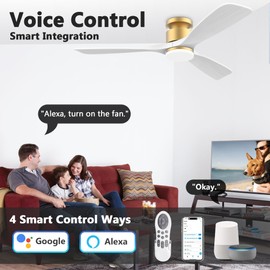 52 Inch Smart Low Profile Ceiling Fans,Solid Wood Outdoor Indoor Ceiling Fan with Lights Remote,WIFI Alexa App Control,Quiet DC Motor,Dimmable LED,Modern Flush Mount Fan for Bedroom Patio,Gold White