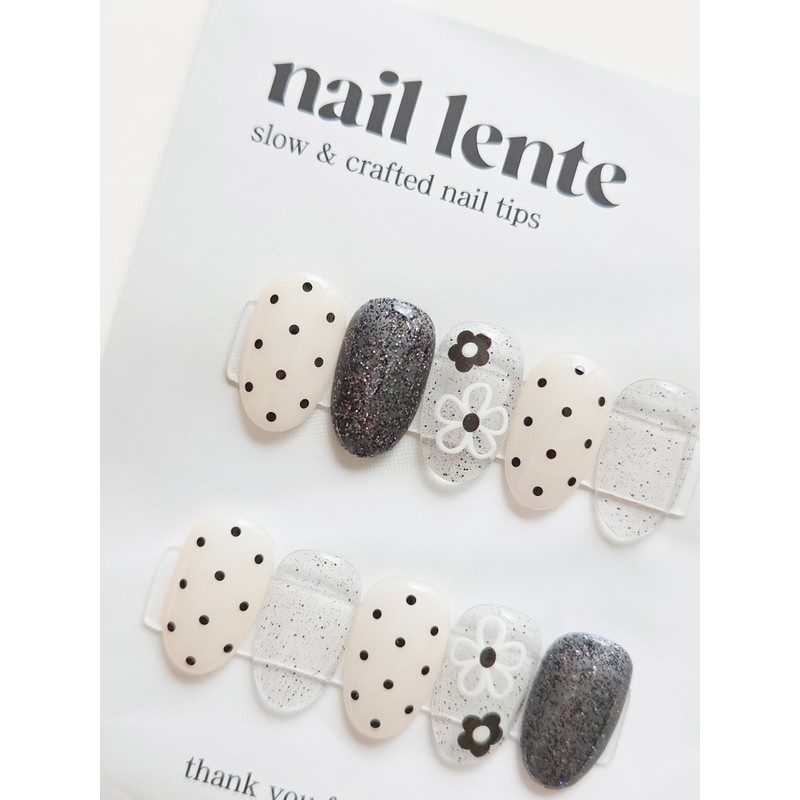 Dot Nail Black Glitter Handmade Nail Tip - Almond /