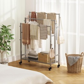 SORCEDAS Towel Rack 3 Tier Free Standing Metal Towel Stand with Storage Shelf and wheel for Extra Large Towel Blanket Drying (Grey)