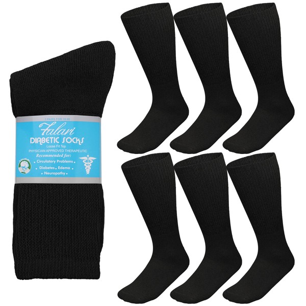 Falari 6 Pairs Diabetic Socks Unisex (10-13 Men Size, Black)