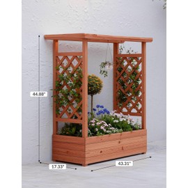 GarveeLife Raised Garden Bed with Trellis, 45 Inch Wood Planter Box with Side Trellis, Hanging Roof, and 4 Drainage Holes, Freestanding Elevated Garden Bed for Climbing Plants, Vines, Flowers