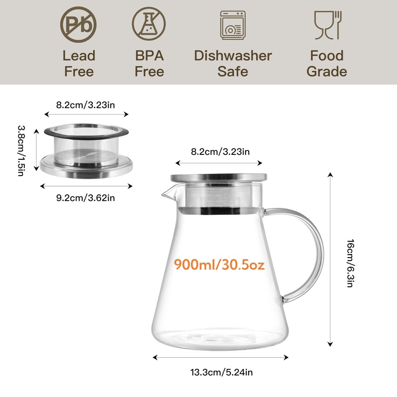 CNGLASS 30.5oz/900ml Glass Teapot Stovetop Safe,One-Touch Clear Tea Kettle,Blooming and
