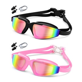 Swimming Goggles, 2-Pack Anti-Fog & UV Protection, 3D Leak-Proof Design with Mirrored Lens, Adjustable Strap for Adults & 10+ Kids, Includes Nose Clips & Earplugs - Perfect for Pool, Beach, Surfing