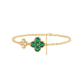 MYEARS Flower Bracelet for Women Gold Sideways Double Four-leaf-clover Link Charm May Birthstone Green Cubic Zirconia 14K Simple Dainty Thick Chain Floral Lucky Jewelry Gift