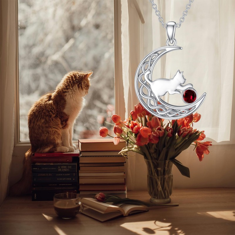 LONAGO Cat Necklace 925 Sterling Silver Birthstone with Cat in