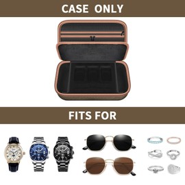 Jewelry Box Watch Case Organizer for Men and Women - Travel Display Boxes Storage with 3 Watch Compartments, 2 Glasses Slots, 10 Ring Holders, Mesh Pouch for Necklaces Bracelets- Brown (Holder Only)
