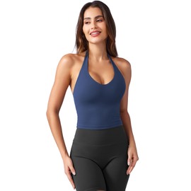 YEOREO Women's Halter Crop Top V Neck Workout Going Out Tank Top Hazel Padded Sleeveless Backless Trendy Summer Camisole Navy Medium