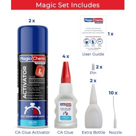 Magic Chems CA Glue with Activator Kit (4 x 1.7 oz + 2 x 13.5 fl oz),Super Glue + Activator.