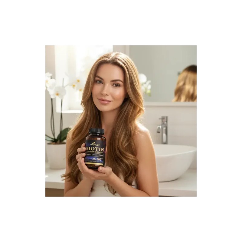 Winyel Biotina Collagen & Keratin 25,000 Mcg 60 Cáps.