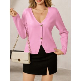Saodimallsu Womens V Neck Cardigans Long Sleeve Button Down Cropped Knit Trendy Front Slit Dressy Casual Fall Sweater Blazers Pink