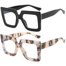 Onrtry Oversized Square Blue Light Glasses for Women Men Thick Frame Big Computer Eyewear Non-Prescription Eyeglasses(Black+Leopard)