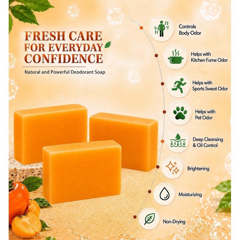 3 PCS Persimmons Soap for Body Odor, Natural Bar Soap
