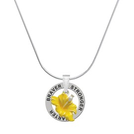 Delight Jewelry Silvertone Yellow Hibiscus Flower - Silvertone Stronger Braver Smarter Message Ring Necklace, 18"