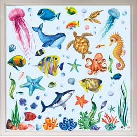AnyDesign 9 Sheets Summer Window Clings - Ocean Themed Decals, Watercolor Marine Animals, Double-Sided for Summer School, Home, Office, Bathroom Decor - Under The Sea Party Supplies Gifts