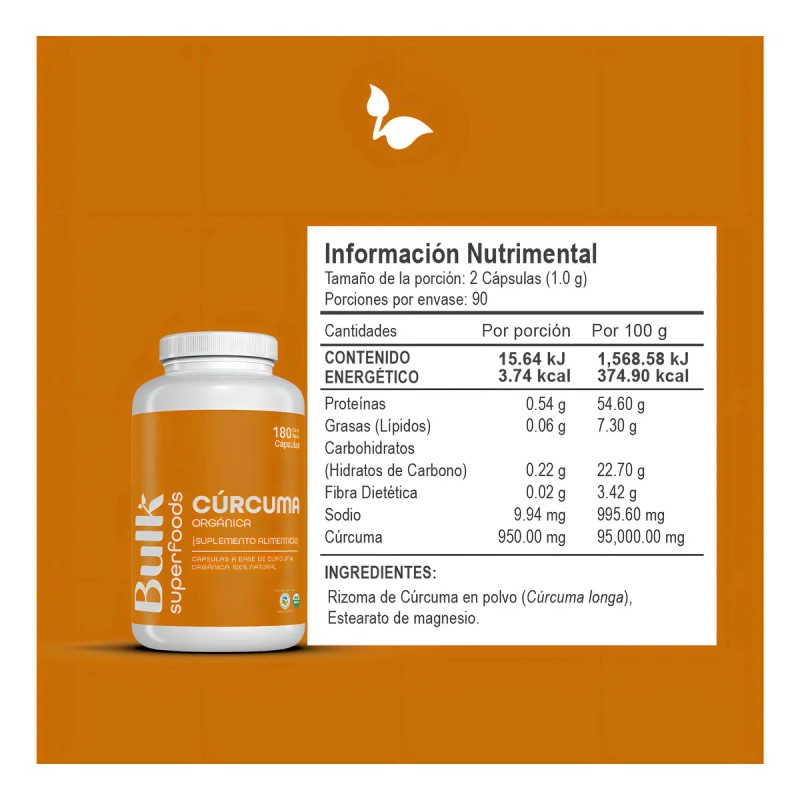 Suplemento Cúrcuma Orgánica 180 cápsulas de 500 mg 100% Natural