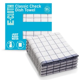 E-Cloth Classic Check Tea Microfibre Dish Towel, Streak-Free and Absorbent Dish Drying Kitchen Towels, Washable and Reusable, 100 Wash Promise, Blue, 4 Pack