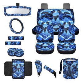 Wanyint Sea Turtle Blue 14 PCS Car Seat Covers Set, Auto Seat Protector with Steering Wheel Cover Seat Belt Pads Garbage Bag Armrest Cover Handbrake Cover Set Rear View Mirror Protector Coasters