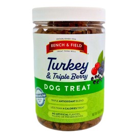 Bench & Field Holistic Natural Turkey & Triple Berry Dog Treats | Crunchy Bone-Shaped Bites | Antioxidant Blend, 10-Ounce Bottle