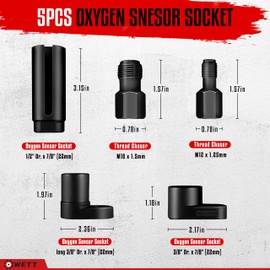 WETT Oxygen Sensor Socket Set, 5-Piece Offset O2 Sensor Wrench Removal Tool and Thread Chaser Tool Kit, 3/8" 1/2" Drive, 22mm (7/8"), Automotive Oxygen Sensor Sockets