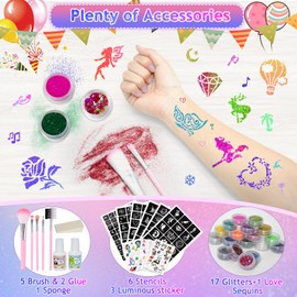 Gigmeta Glitter Tattoo Set, 18 Colours, Temporary Glitter Tattoo with 222 Stencils, 5 Brushes, 3 Cartoon Stickers, 2 Glue and 1 Sponge