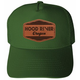 Hood River Oregon City Retro Souvenir Trucker Hat Unisex Mesh Back Snapback with Engraved Leather Patch Green
