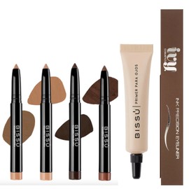 Set Viral de Ojos Delineador Plumon Cafe Ivy, 4 Sombras en Lápiz Brillosas, Primer para Ojos Bissu (Colibri)