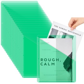 Seajan 48 Pcs Binder Pockets for 3 Ring Binder Clear Plastic Folders Sleeves 3 Hole Punch Document Dividers Poly Slash File Jacket Organizer with 2 Pockets for Office School(Green)