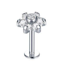 SQKXKLCZ 1 Pc G23 Titanium Flower CZ Internally Threaded Top 4mm Flat Back Piercing Lip Stud Earring Labret Monroe Lip Ring Tragus Cartilage 16G Bar Lehgth 10mm