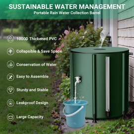 SKM Collapsible Rain Barrel, 53 Gallon Portable Rain Water Collection Barrel for Garden/Outside/Lawn, PVC Rainwater Collection System Water Tank Storage Container with Spigots & Overflow Kit, Green