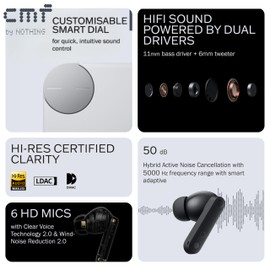 CMF by Nothing Buds Pro 2 Wireless Earbuds, Hi-Res Audio with LDAC, 50 dB Hybrid Noise Cancellation Earphones, Ultra Bass Technology, Bluetooth 5.3, 6 HD Mics Headphones, Dark Grey