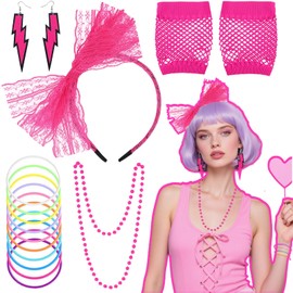 5Pcs 80s Accessories for Women, Ladies 1980s Fancy Dress Costume with Fishnet Gloves Lace Headband Lightning Earrings Necklace Bracelets Retro 80s Outfit for Girls Retro Hen Do Cosplay Party