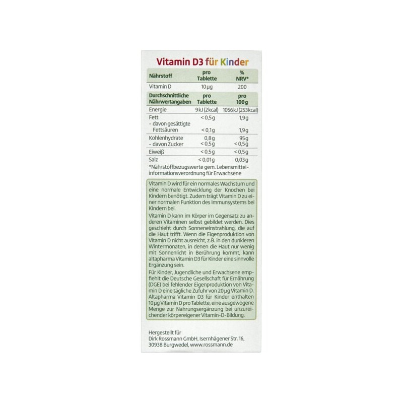 로스만 알타파마 altapharma 어린이 츄어블 비타민D3 60정 Rossmann Altapharma Children's