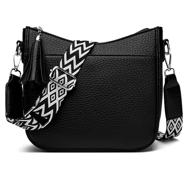 SOGYECS Handbag Women's Medium Shoulder Bag Women's Black Crossbody Bag Women's Wide Strap Vegan Leather, black